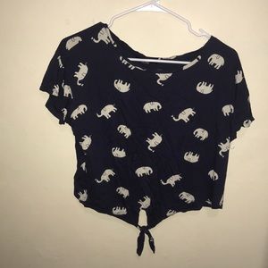 navy blue elephant bottom tied-knot shirt
